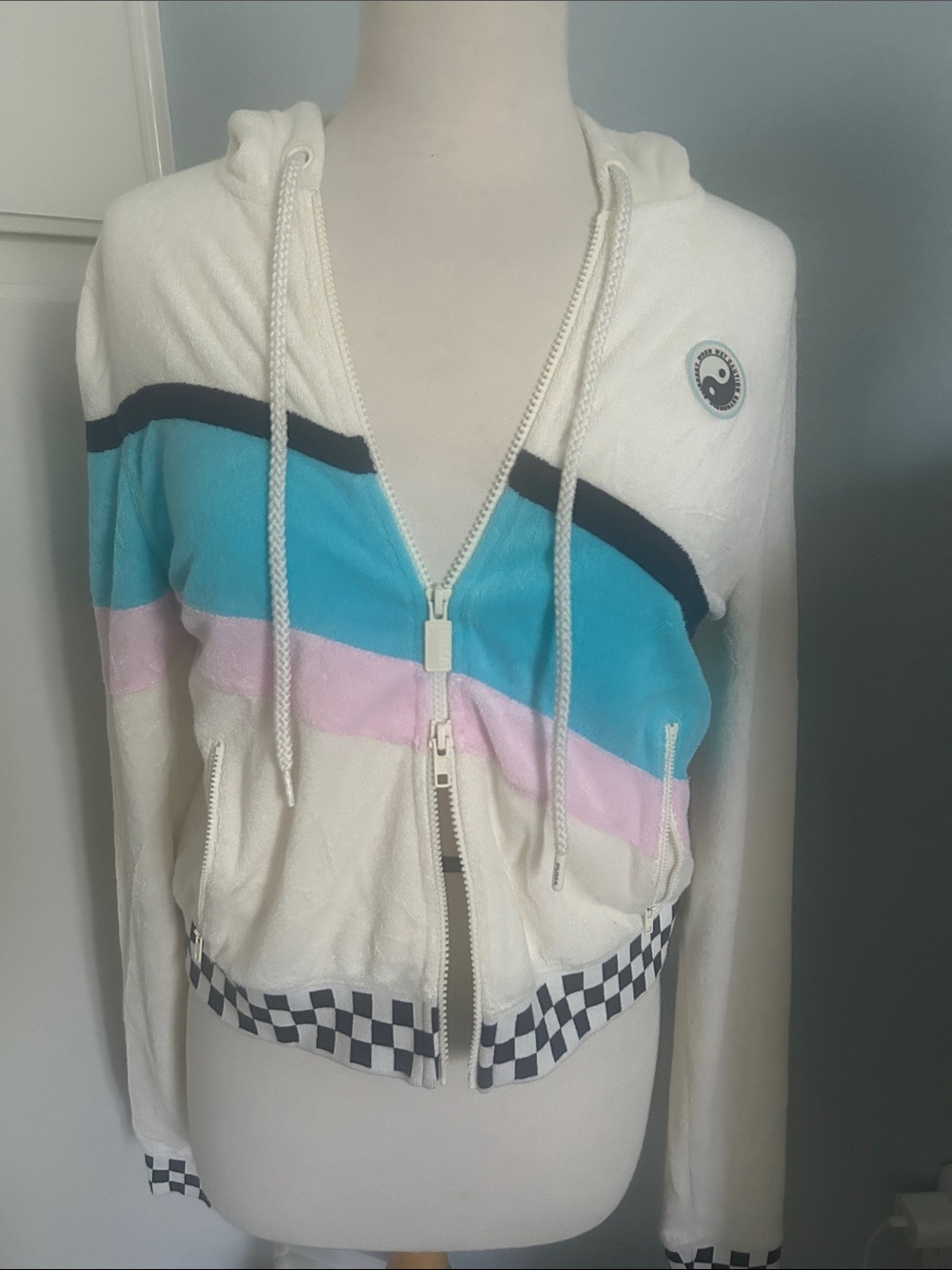 Puma x Fenty white zip up hoodie with navy blue palm tree and checkered graphic